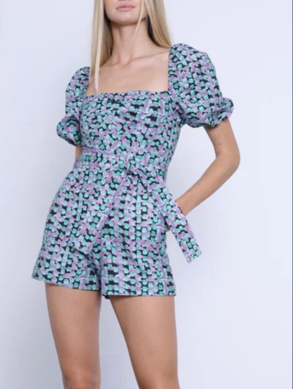 Karina Grimaldi Aiden Linen Puff Sleeve Romper Lavender Teal Belted Pockets